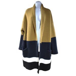 Decker Oversized Sweater Jacket Size S/M Camel Brown Navy Blue Open Front Comfy